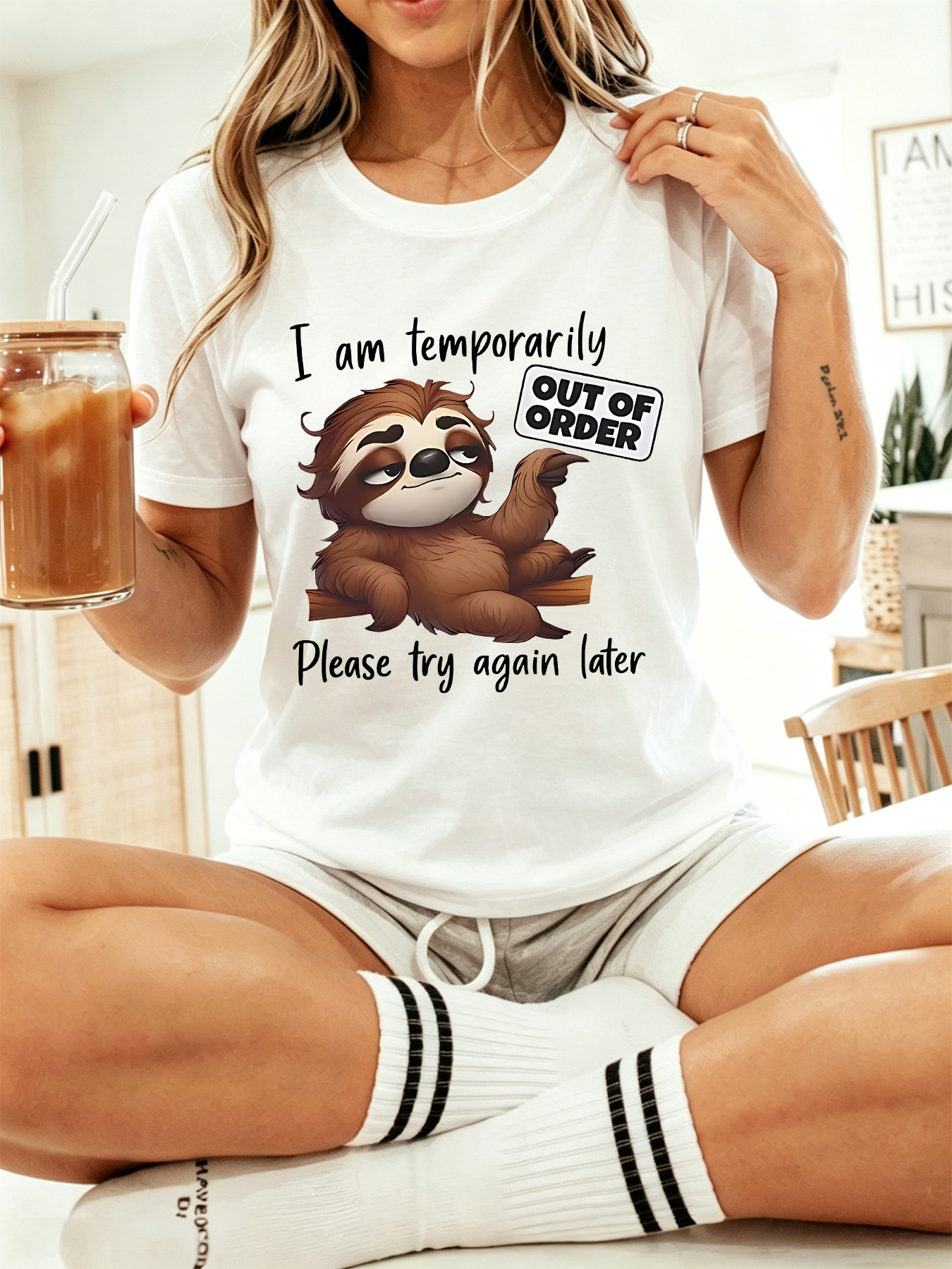Funny Sloth I Am Temporarily Out of Order Please Try Again Later Short Sleeve Crew Neck Casual Tshirt