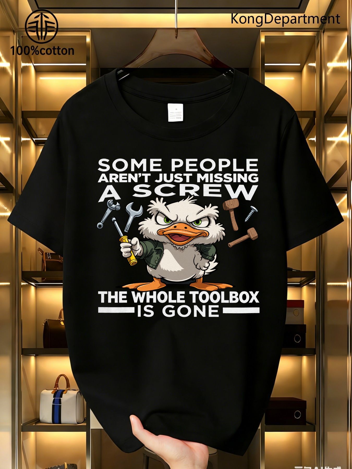 Funny Angry Duck with Tools Graphic T-Shirt 180G 100% Loose Fit Crew Neck Tee Suitable for Men & Women Y2K Streetwear Vintage Casual Top with Humorous Slogan Machine Washable Gift Apparel