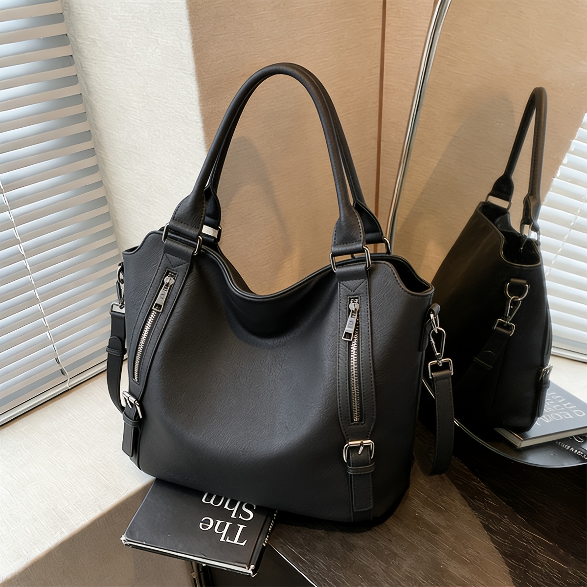 Women's Genuine Large Capacity Crossbody Tote Bag with Double Buckle & Zipper Closure, Adjustable Strap - Lightweight Durable Handbag Suitable for Work, Travel, Parties, Daily Use -