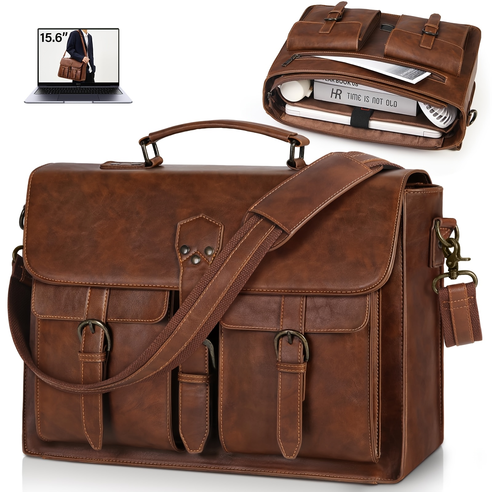 RAINSMORE Messenger Bag for Men 15.6/18Inch PU Leather Vintage Laptop Briefcase Large Laptop Bag Satchel Bag Computer Shoulder Bag for Office Work Travel College, Brown