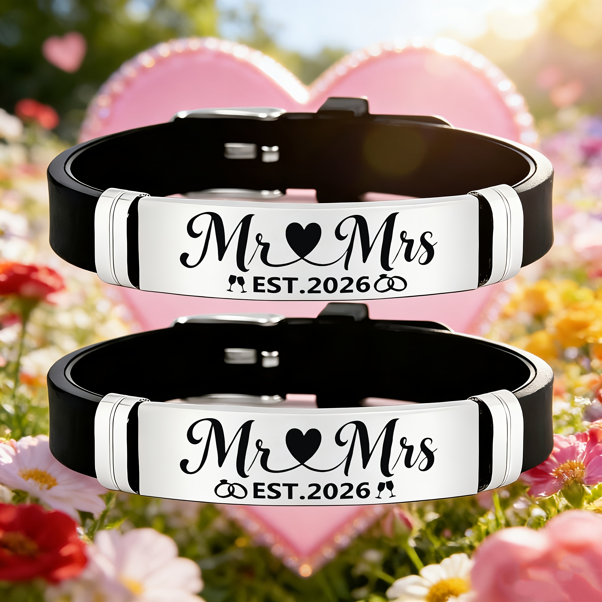 1/2pcs "Mr&Mrs EST.2026" Easy Heart, Wedding Ring And Wine Glass Design Pattern, 202 202 Stainless Steel Silicone Bracelet, Full of Ritual, Full of Romantic Atmosphere