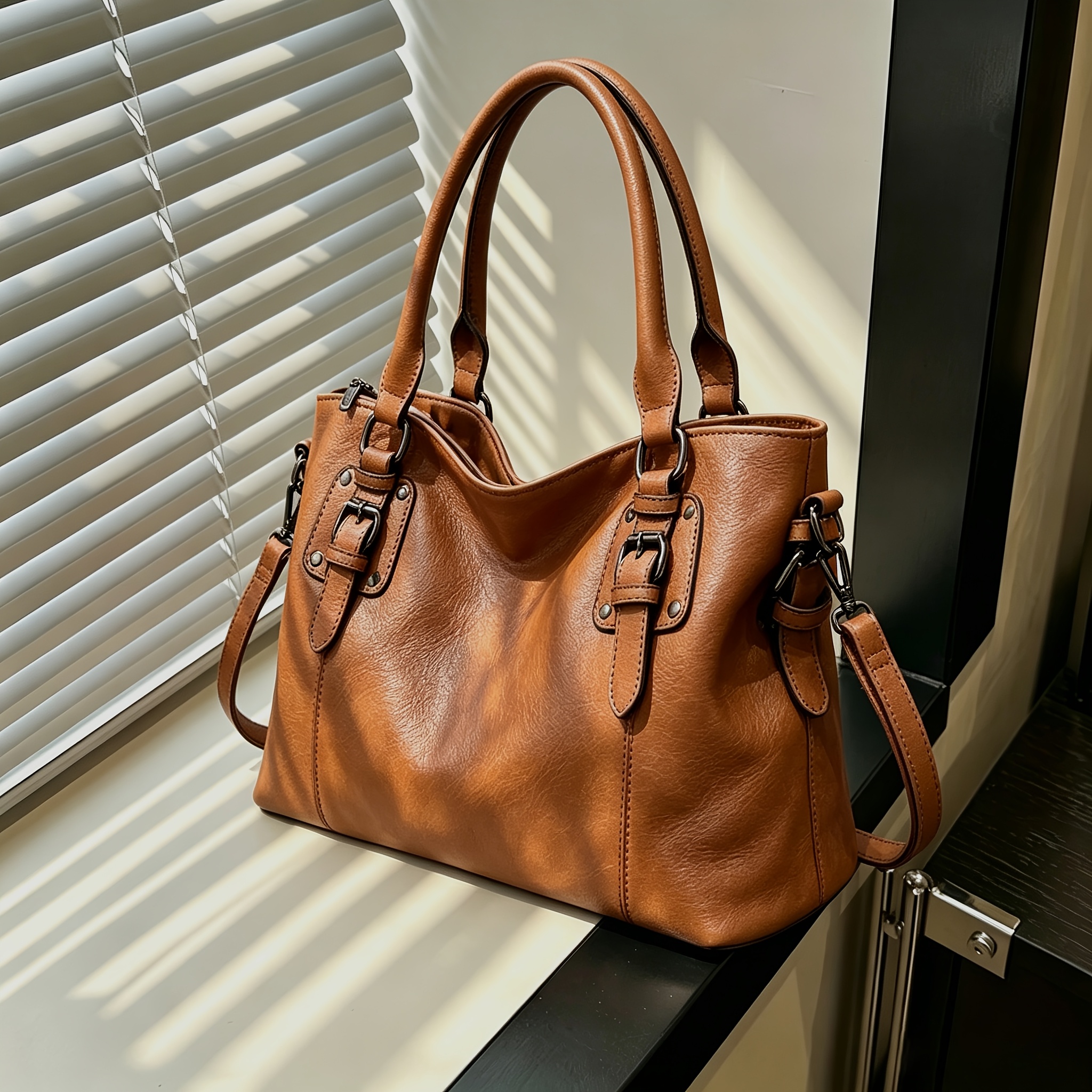 Women'S Classic Retro Genuine Leather Tote Bag, Large Capacity Smooth Leather Shoulder Crossbody Handbag, Adjustable Strap Zipper Closure Casual Lightweight Purse for Daily Work Shopping(2pcs Set 1 Bag+ 1 Strap)