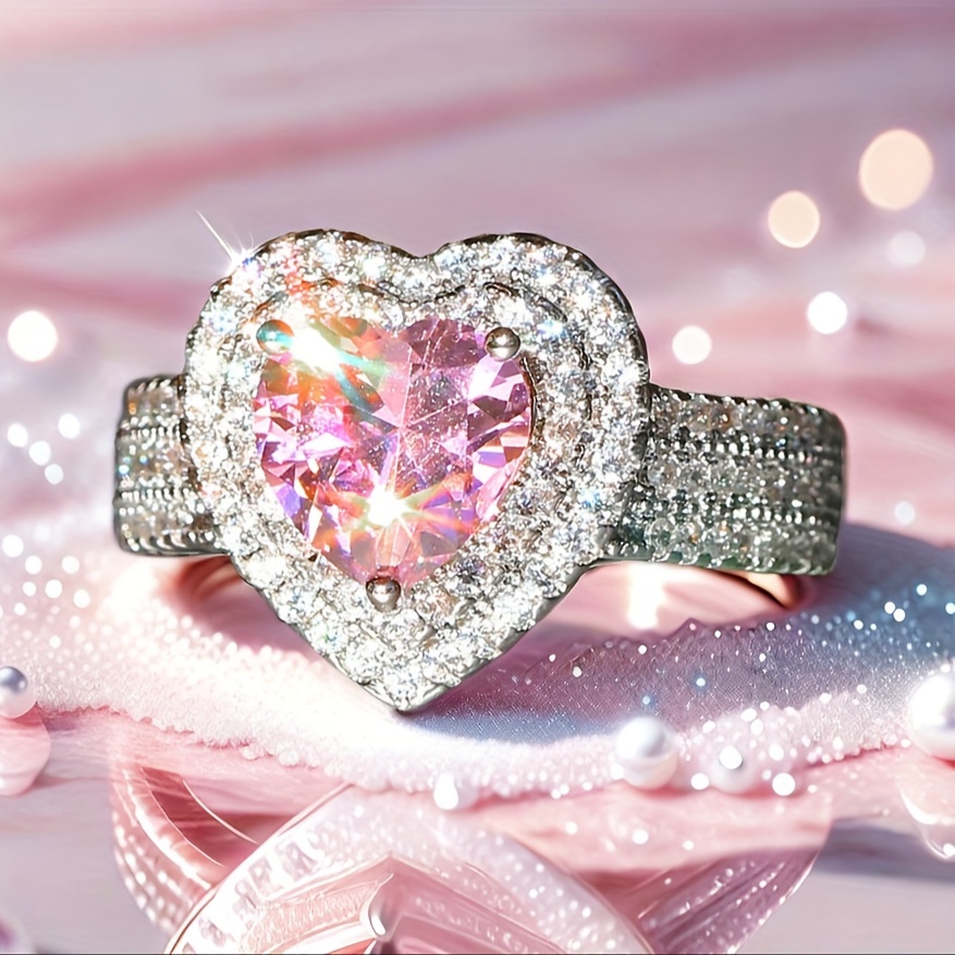 Gorgeous And Luxurious Pink Heart-shaped Cubic Synthetic Zirconia Ring, Romantic Anniversary Gift, Sparkling And Exquisite Wedding Engagement Jewelry Accessories Suitable for Women, High-quality Jewelry