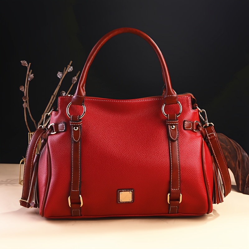 Vintage Retro Women's Crossbody Bag with Adjustable Shoulder Strap & Top Handle - Boston Purse in Red/Black, Golden-Tone Hardware, Zipper Closure, Tassel Detail & Polyester Lining for Casual Everyday Use, Crossbody Purse, Sophisticated Accessory