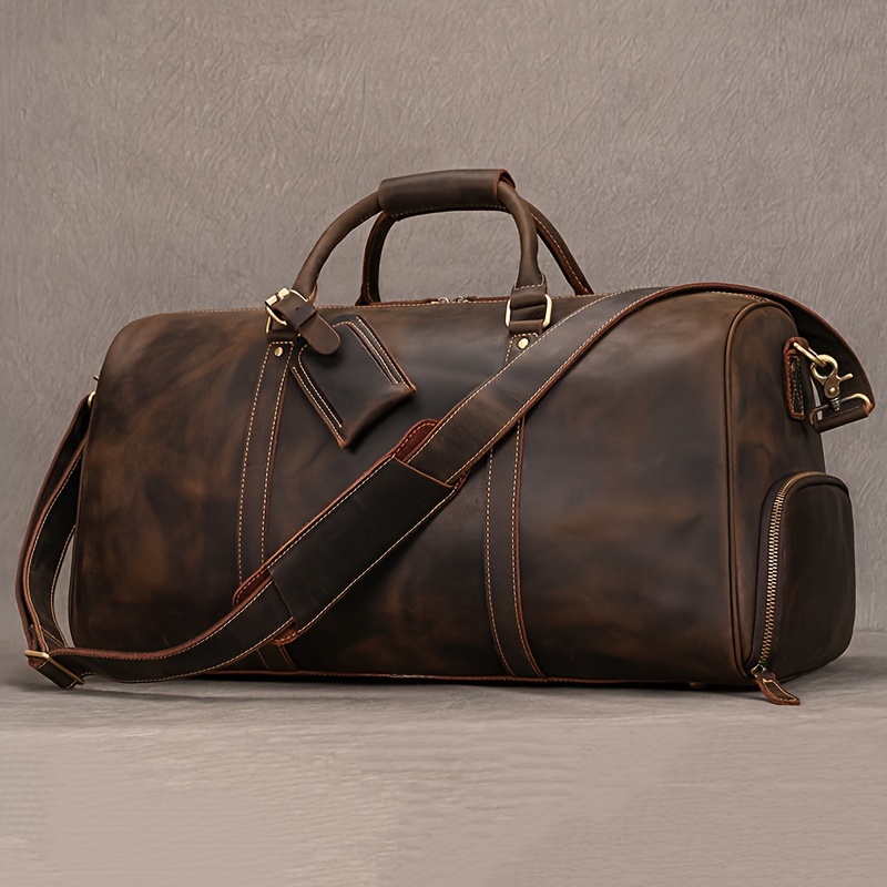 Crazy Horse Leather Real Leather Travel Bag Christmas Vacation Luggage Handbag Tote Bag Cowhide Real Leather with Shoe Compartment Travel Bag