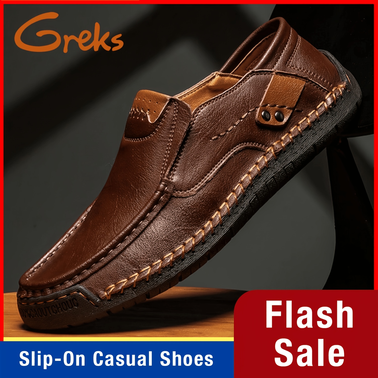 GREKS Men'S Hand-Stitched Loafers, Non-Slip Wear-Resistant Rubber Sole Driving Moccasins, Vintage Brown Comfortable Smart Casual Daily Walking Business Office Shoes