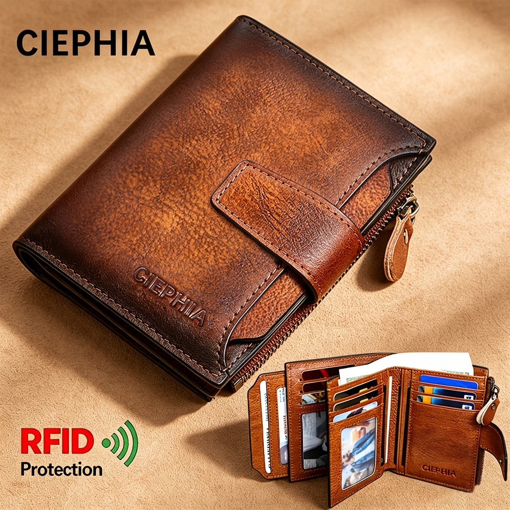 1pc Men's Genuine Leather RFID Blocking Wallet Suitable for Valentine's Day Gift, Vintage Short Top Layer Cowhide Billfold with Zipper Closure, Multi-Function Card Holder & Coin Pocket, ID Holder for Cash,, Keys - Father's Day Gift for Men