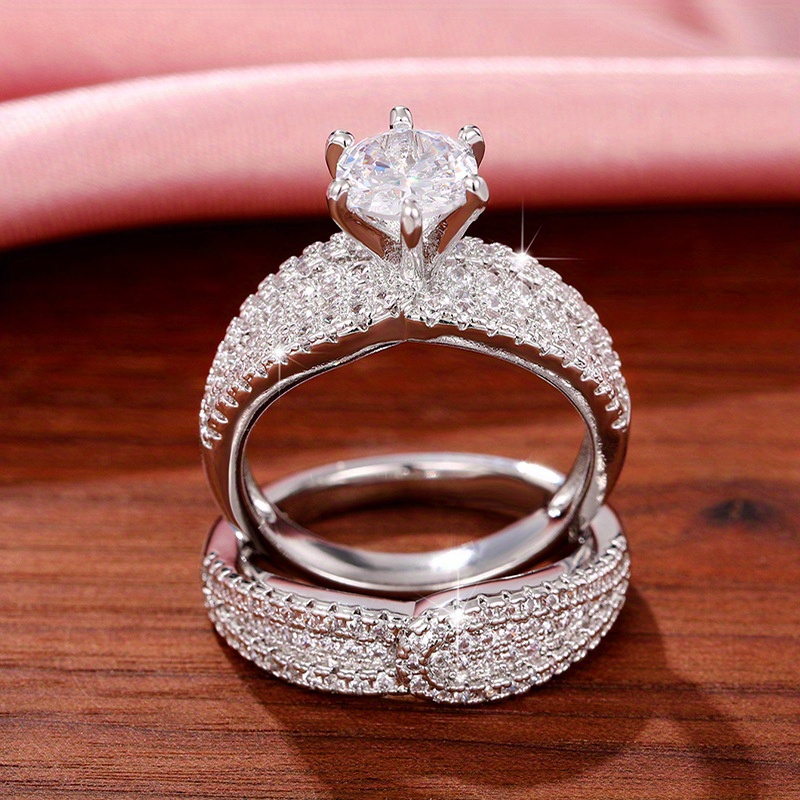 2pcs/Set Fashion Luxury Delicate Copper Ring Set Inlaid Shining Zirconia Engagement Ladies Comfortable Wearing Ring Party Celebration Engagement Wedding Holiday Jewelry Ring Gift