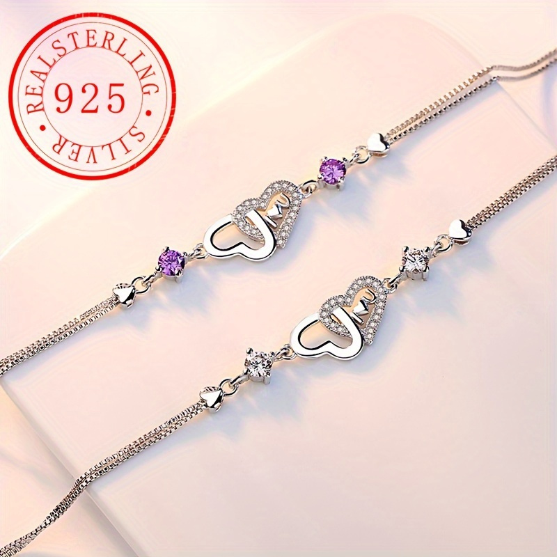1pc Exquisite 925 Sterling Silver Double Heart-Shaped Link Bracelet - Inlaid Zirconia, Adjustable, Choose Your Color, High-Quality, Women'S Gift Idea for Anniversaries, Birthdays, and Special Occasions