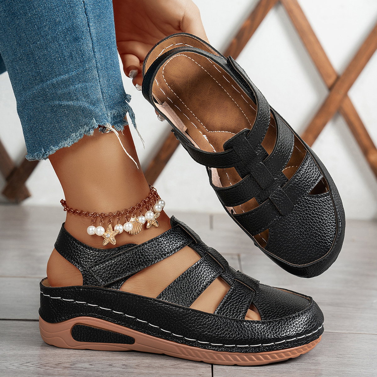 Fashionable Comfortable Outdoor Shoes, Summer Women'S Wedge Sandals, Hollow Breathable Design, Adjustable Hook-And-Loop Closure, Lightweight Fashion Women'S Shoes, Suitable for Daily Office, Suitable for Beach Vacation, Women Shoes