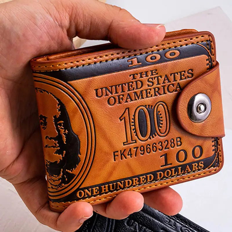 1pc Vintage-Style Wallet with $100 Bill Design & Multi-Card Slots - Slim Snap Closure Coin Purse for Men & Women, Black & Brown Retro Money Holder with Benjamin Portrait, Durable Everyday Wallet or Unique Christmas Gift Idea