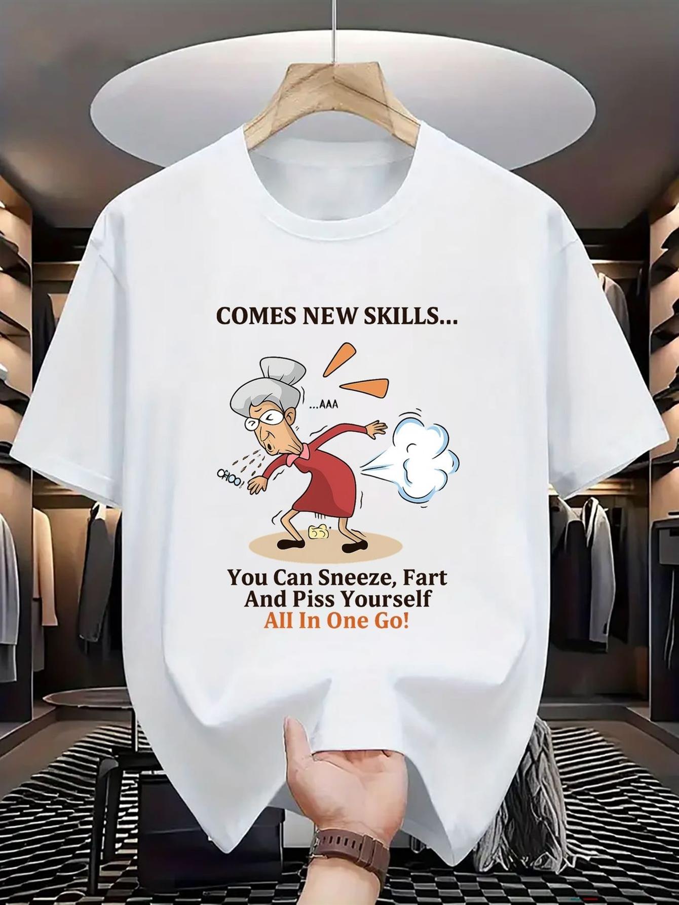COMES NEW SKILLS Funny Elderly Mens & Cartoon T-Shirt Unique Graphic Tee with Humorous Quote Perfect for Casual Wear Great Gift for Friends And Family Who Love Laughter, for Teenager, For Teenager