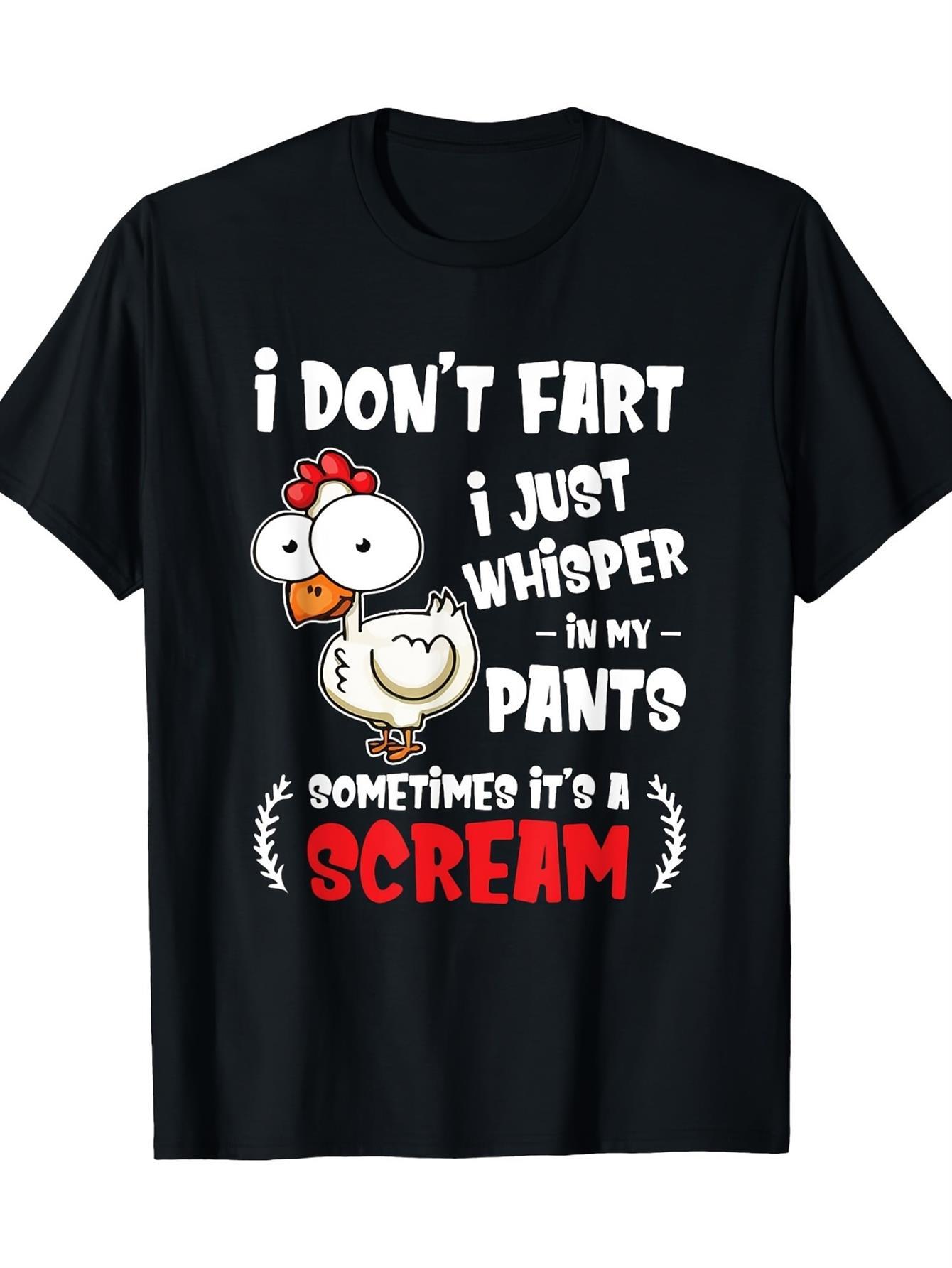 Casual Outings Funny I Dont Fart, I Whisper Chicken Graphic T-Shirt - 100%, Black, Casual Style, Machine Washable, Perfect for Outdoor Fun, Humorous Apparel Cartoon Chicken Print Smooth Texture